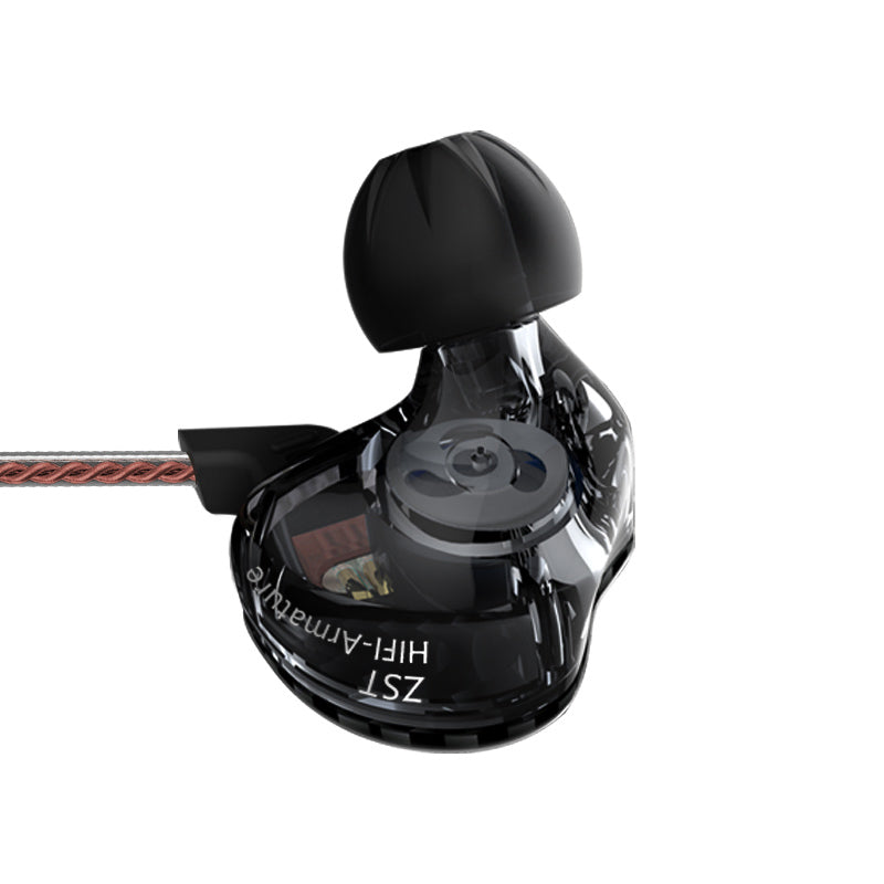 In-ear subwoofer earbuds with glossy black ear cups, wired with red braided cable