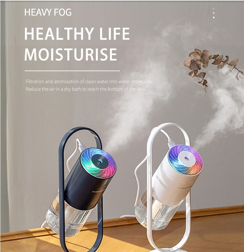 White and dark blue USB humidifier with mist chambers and color projection lights