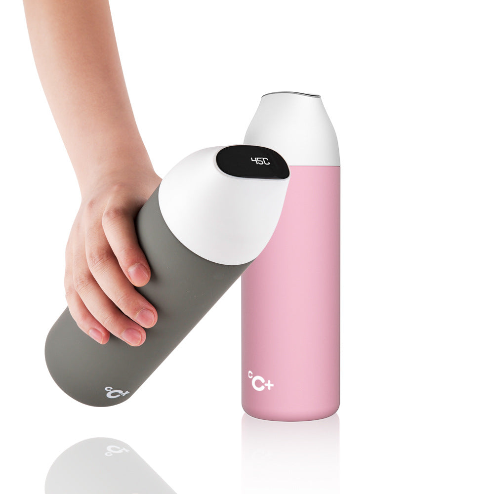 Insulated vacuum thermos bottle with OLED temperature display, pink with dark base