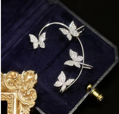 Silver butterfly hoop ear cuff set with glitter butterfly charms on circular hoop