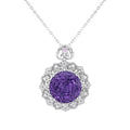 Silver amethyst pendant necklace with round purple amethyst and detailed filigree bail