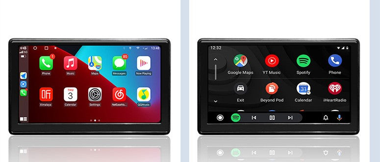 Car smart screen display showing app icons, dual front views