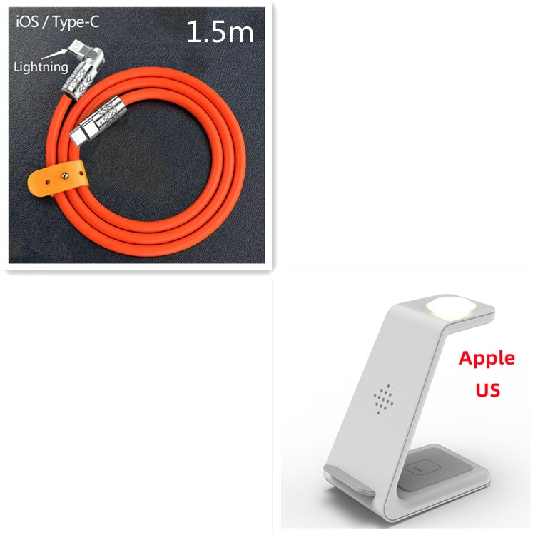 Wireless charger stand with glowing pad and 1.5m iOS Lightning to Type-C cable, orange cord.