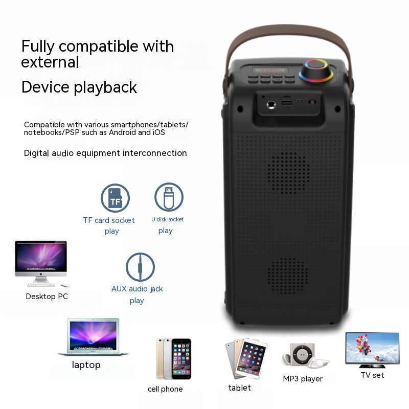 Black portable Bluetooth speaker back panel with handle, ports and speaker grille.