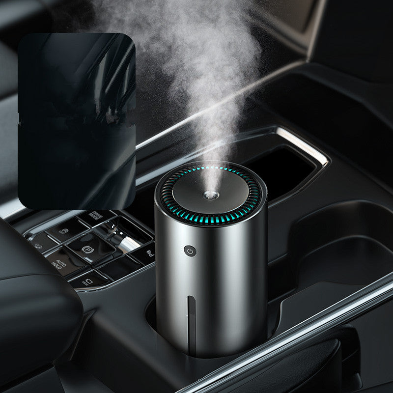 Car humidifier diffuser in silver-gray with mist vent and glowing ring