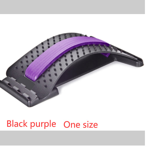 Black lumbar traction brace with purple traction strap and studded back panel.