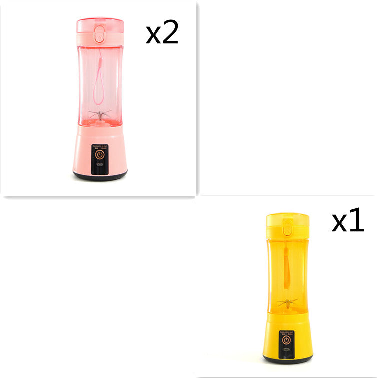 Portable electric fruit juicer blender in pink and yellow, translucent cups with black base