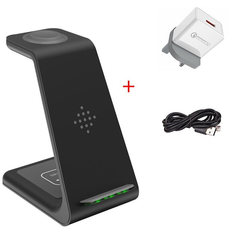 Wireless phone charger stand with power adapter and USB cable, dark finish.