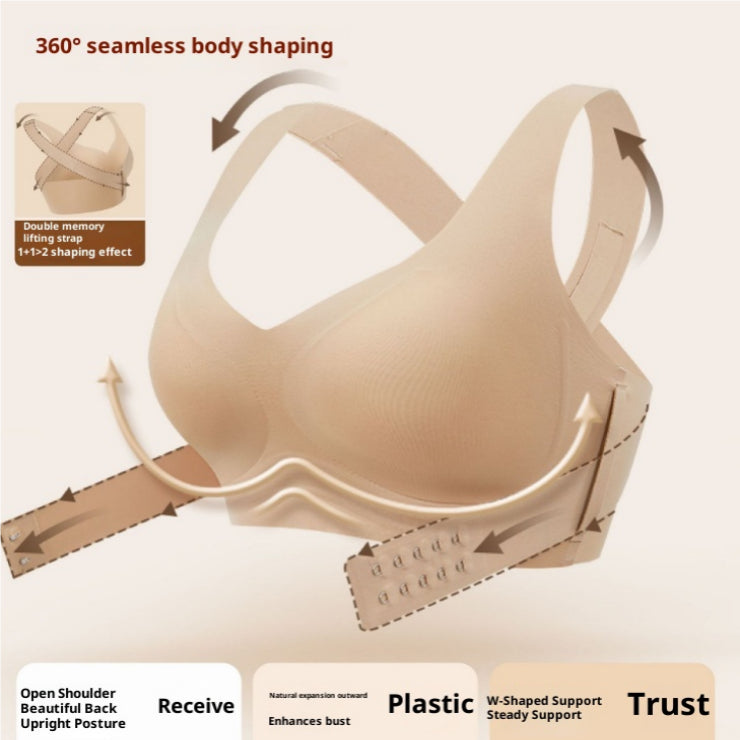 Nude posture-correcting front-closure bra with crisscross back straps and molded cups