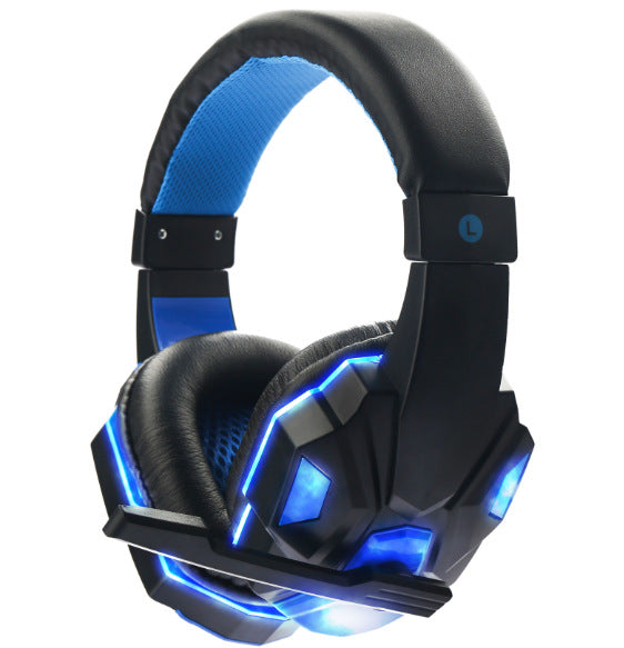 Over-ear gaming headphones, black with blue LED light accents