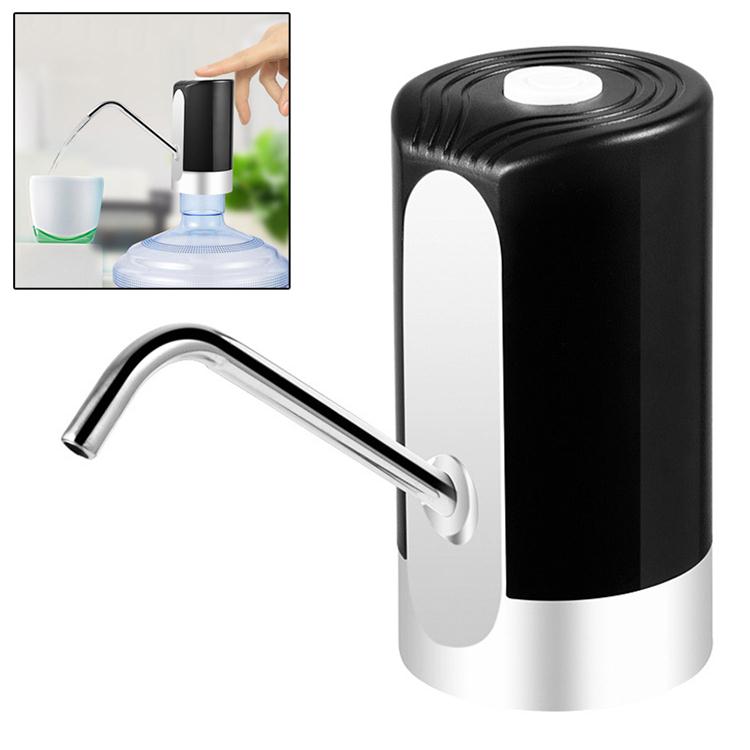 Automatic electric water bottle pump with black top, white base, and curved metal spout