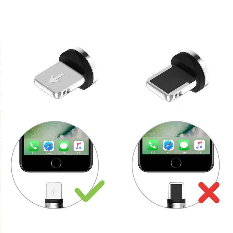 Magnetic charging cable with black USB-A connector and two adapter heads, silver tips