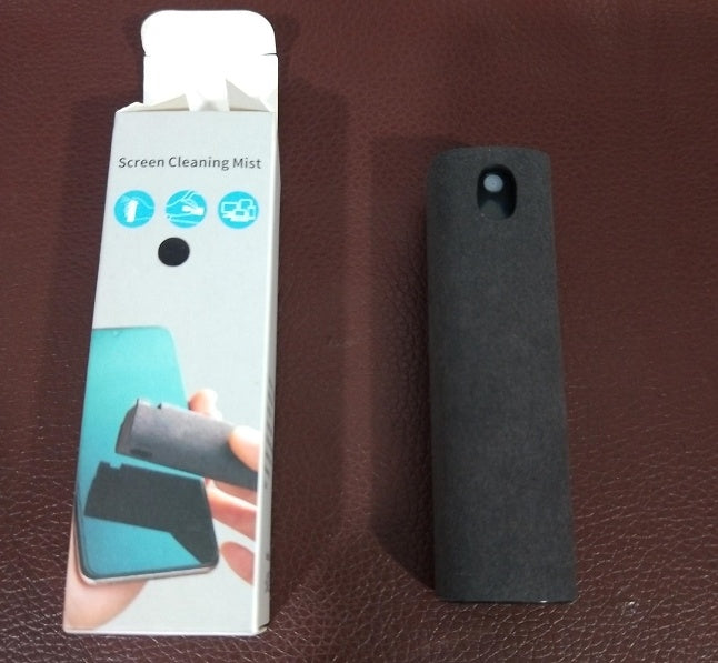 Portable screen cleaner set with storage sleeve, dark gray roller and boxed mist