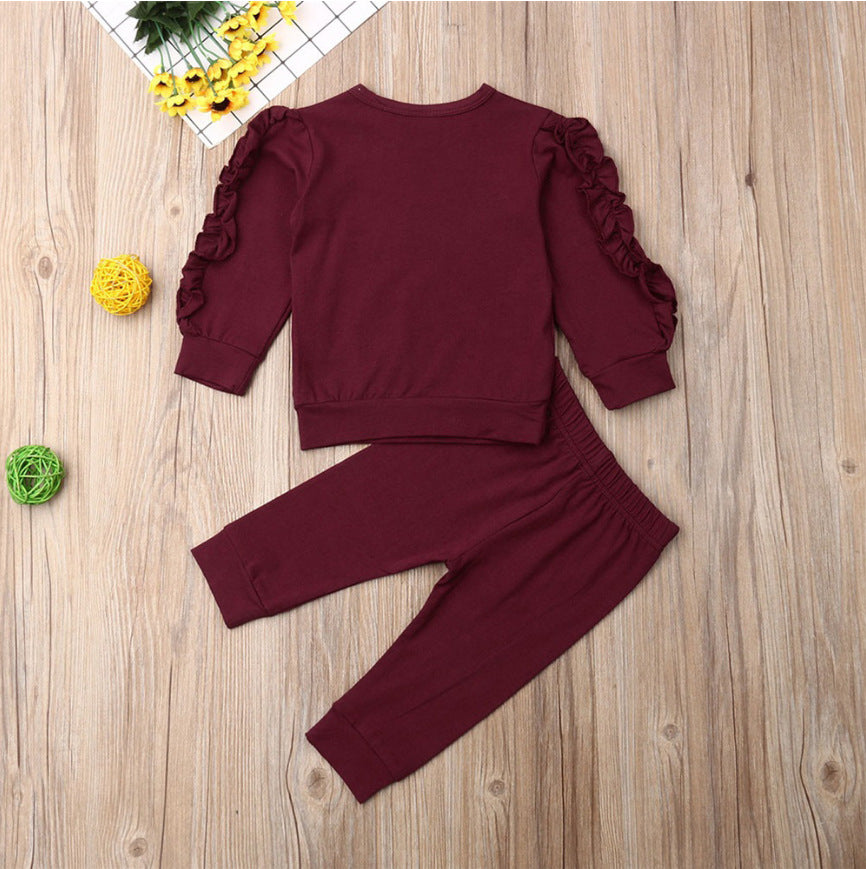Newborn wine red crewneck sweatshirt with ruffled sleeves and matching pants