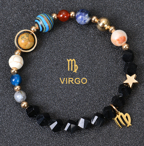 Zodiac beaded bracelet with black faceted beads, gold spacers, Virgo charm and star