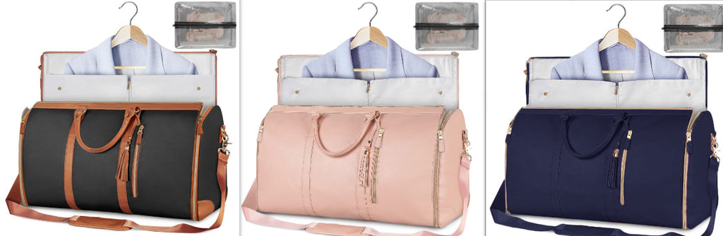 Navy and tan foldable travel duffle bag with front zipper, tassel pulls, shoulder strap