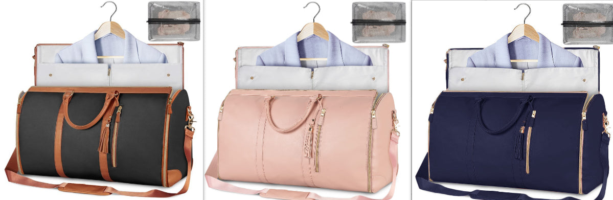 Navy and tan foldable travel duffle bag with front zipper, tassel pulls, shoulder strap