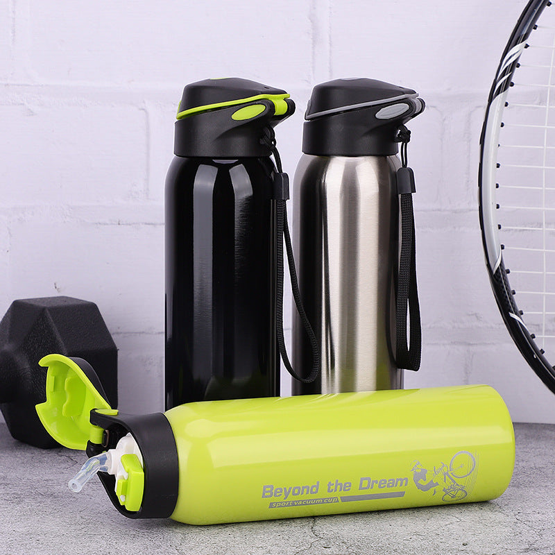 Bike water bottle display with lime green, black, and silver bottles and straps