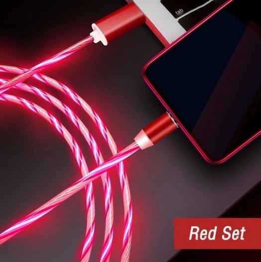 Red magnetic charging cable with bright red glowing light stream and phone connection
