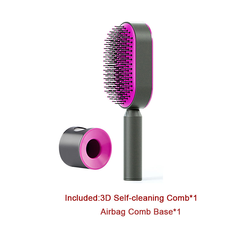 Self-cleaning airbag hair brush with purple bristle head and gray handle, with base