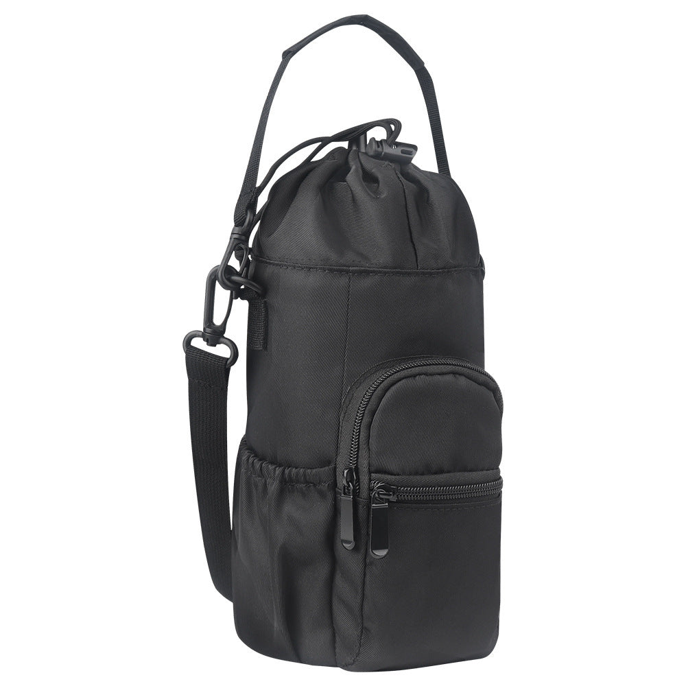 Black bottle pouch shoulder bag with drawstring top and front zip pocket