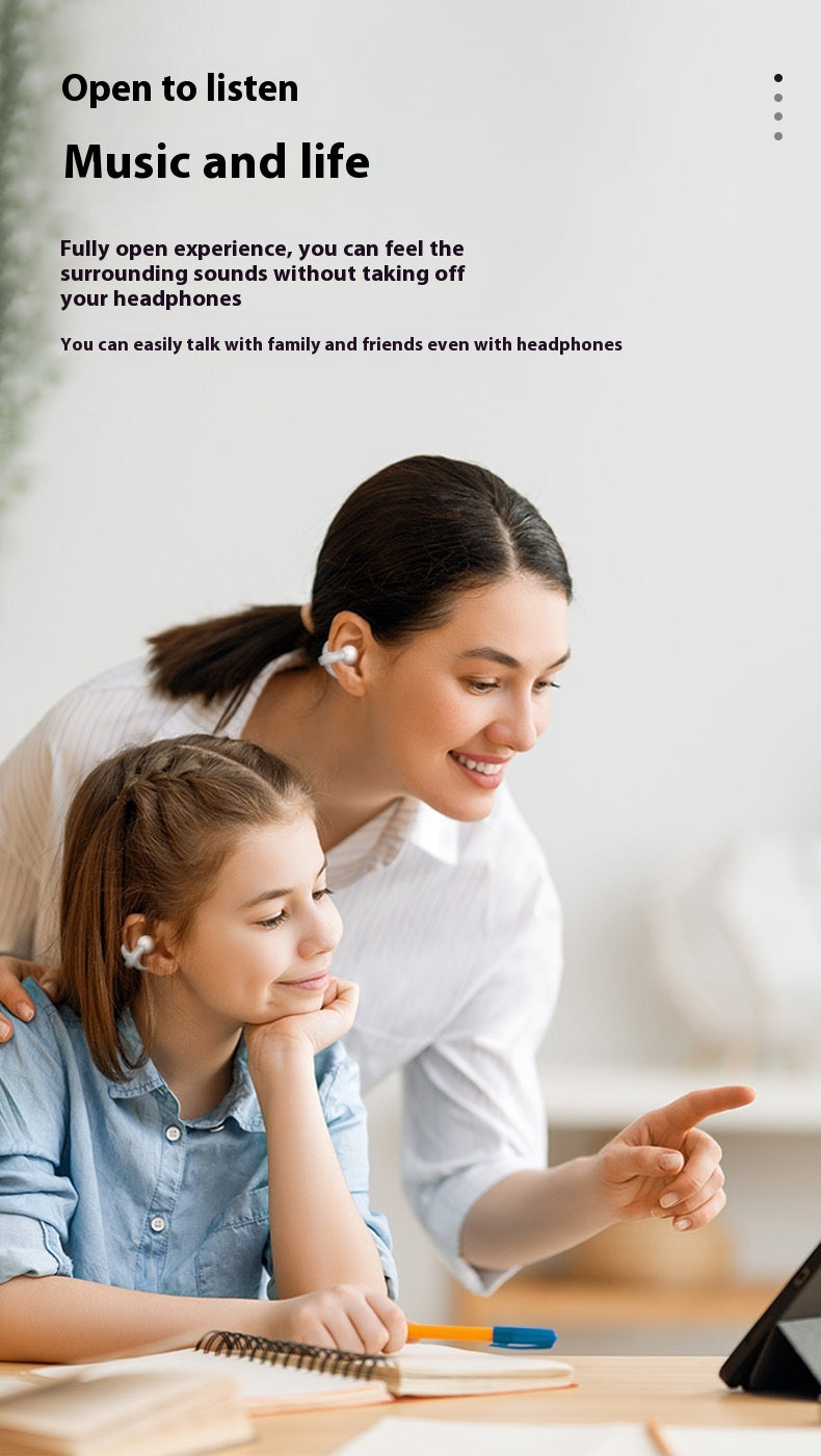 Clip-on true wireless Bluetooth headset worn by person, white earbud