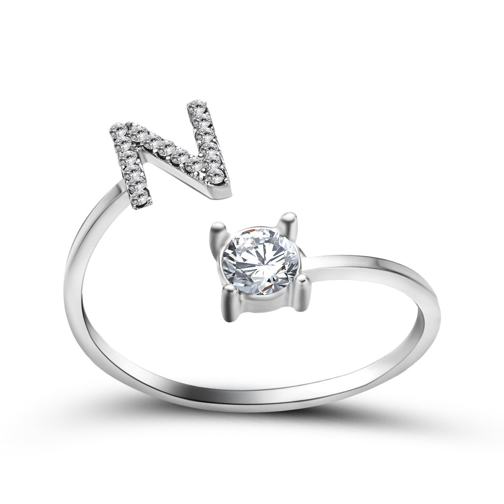 Silver adjustable initial letter ring with round crystal and crystal-set V letter