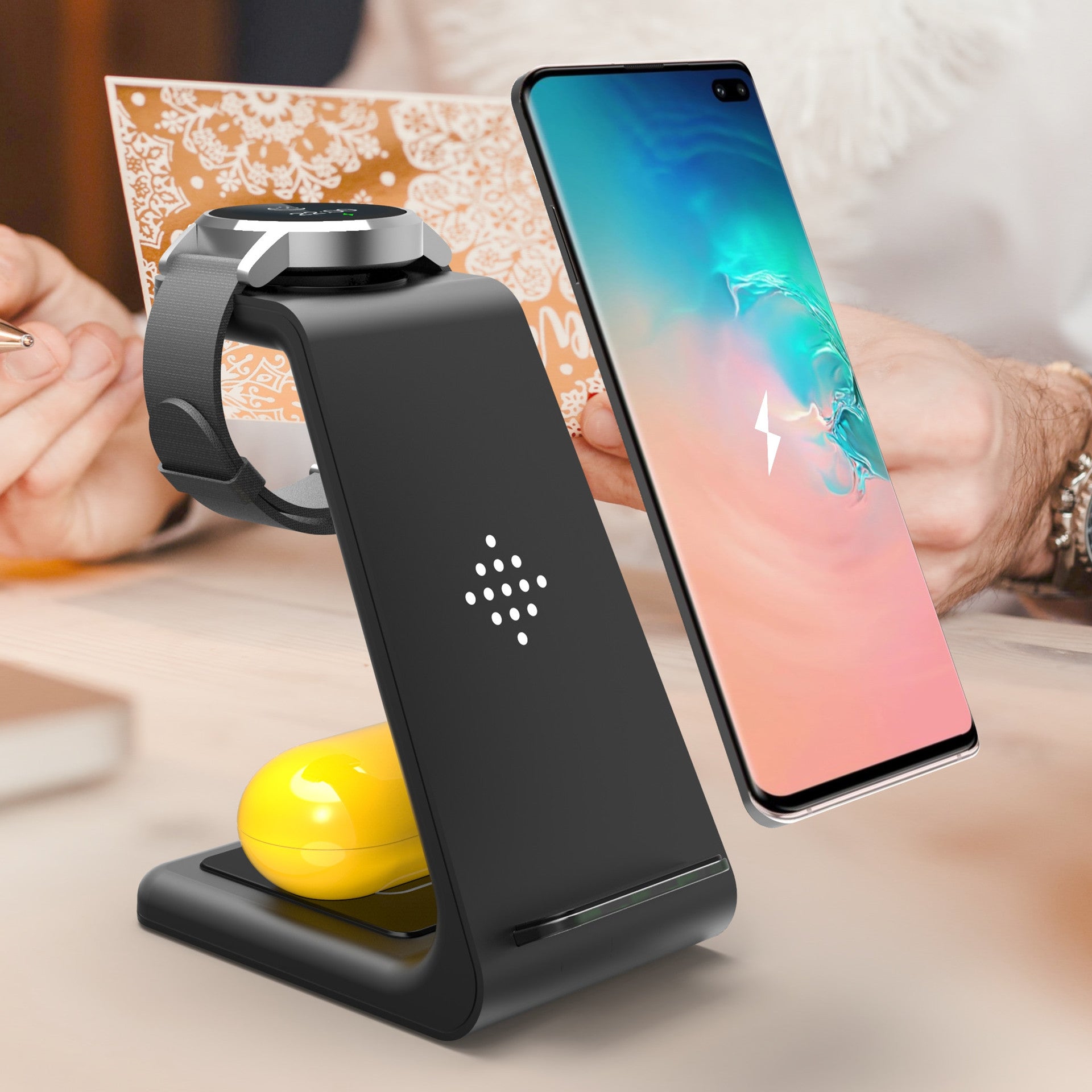 Wireless phone charger stand with phone dock and LED indicator, dark gray body.
