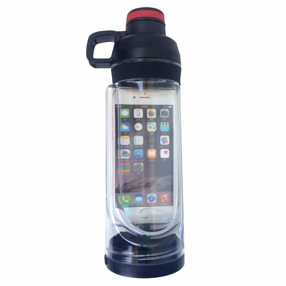 Black waterproof water bottle phone pouch with clear window and carrying handle