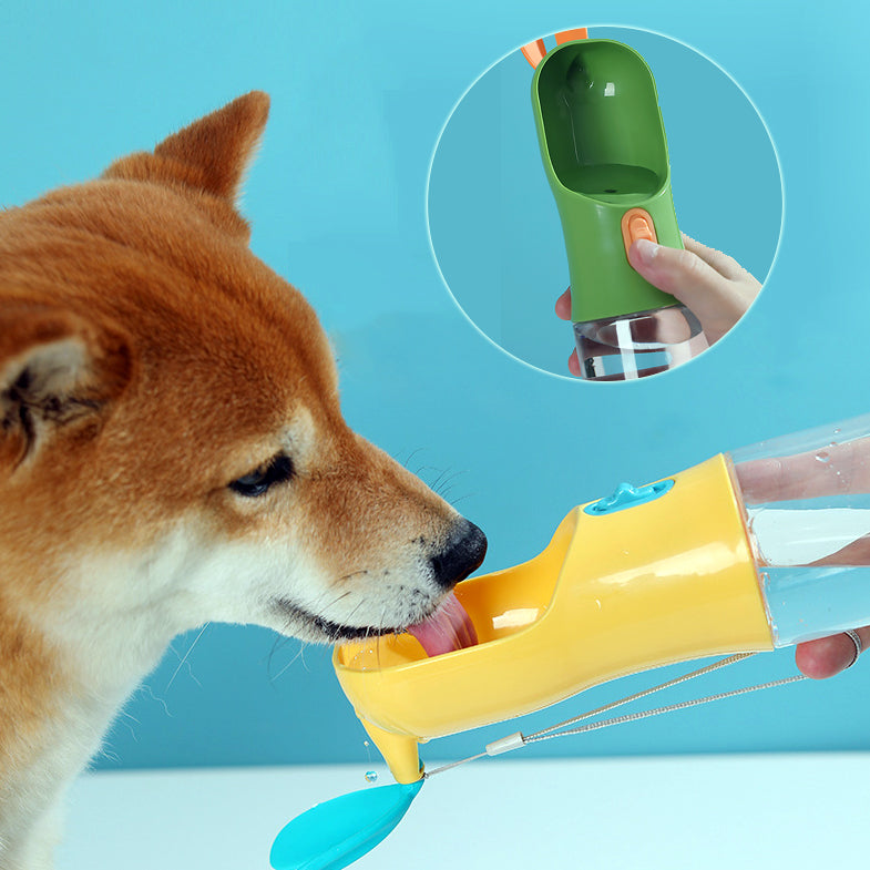 Pet water travel bottle with drinking spout; yellow bowl and blue scoop