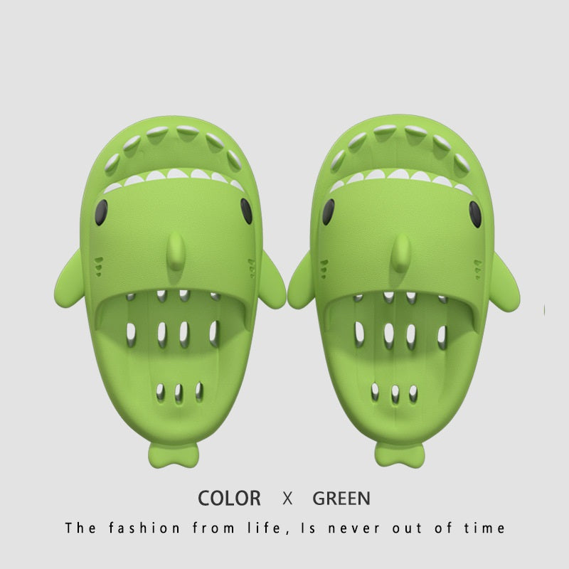 Shark EVA shower slides with drain holes, green cartoon design