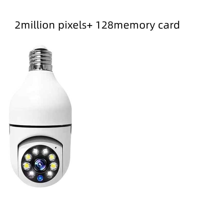 WiFi security camera bulb close-up showing E27 base and front LED lens module