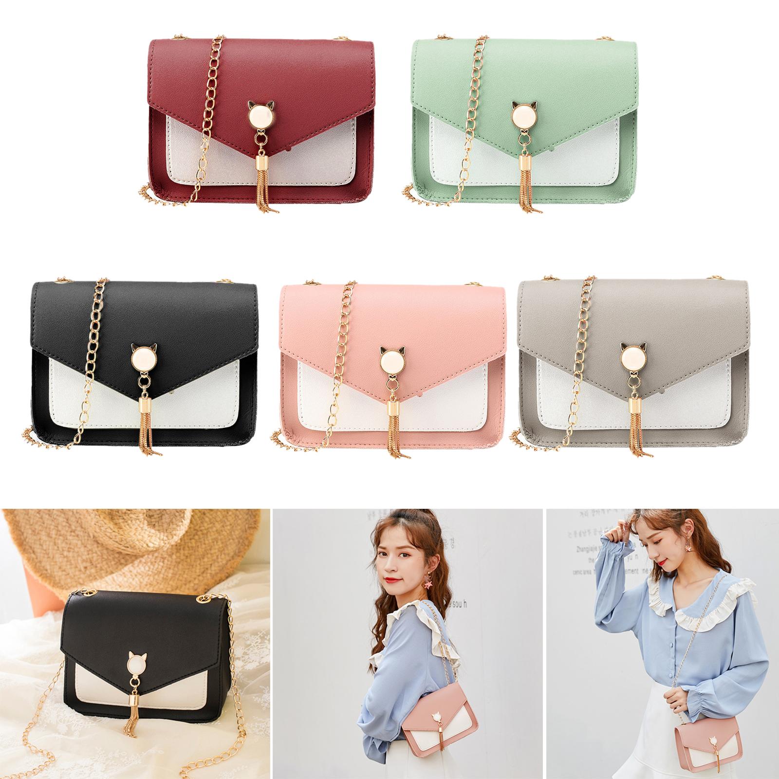 Small messenger bag with cat charm, tassel pull, gold chain strap and flap