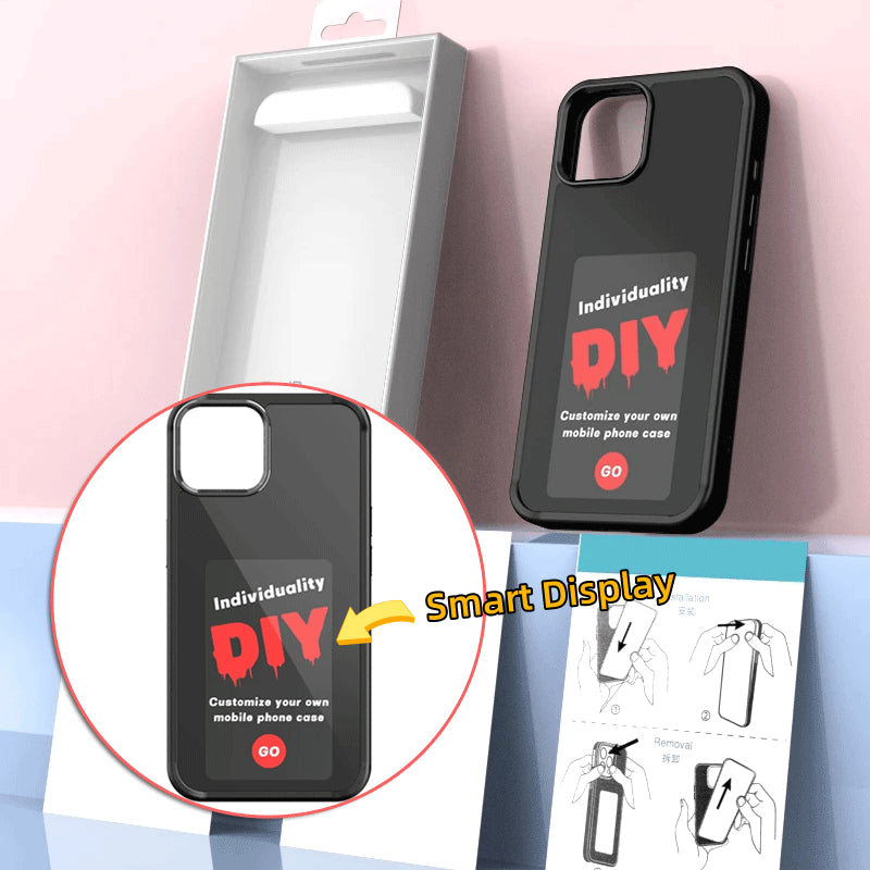 Matte black phone case with rounded corners and DIY graphic on display panel