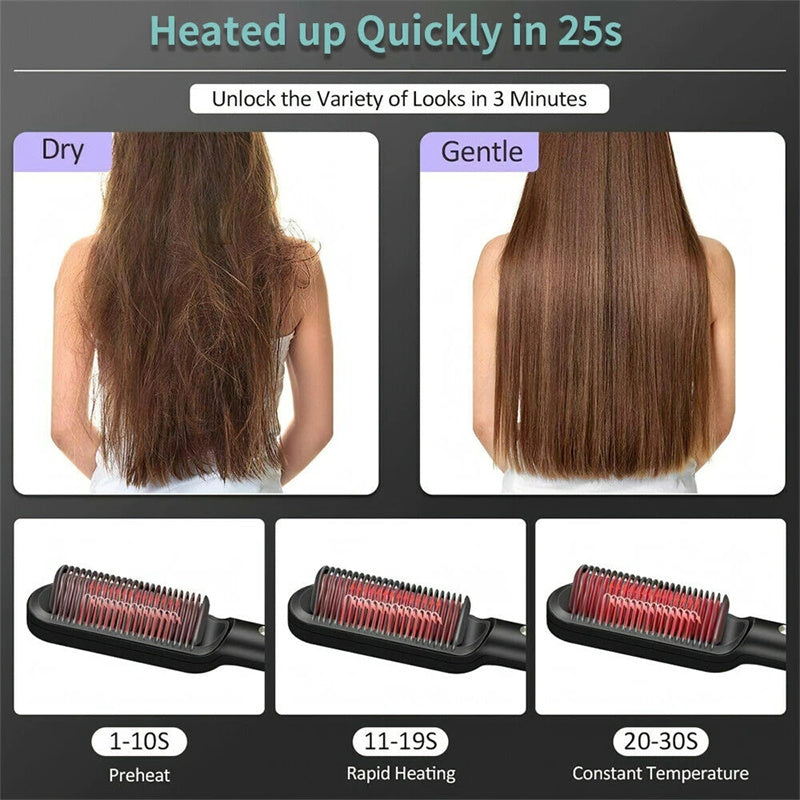 Heated hair straightener hot comb base with temperature modes shown on screen