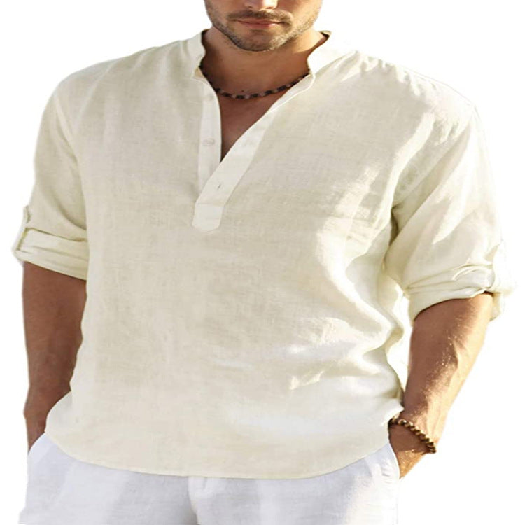 Men's cotton-linen short-sleeve shirt, cream beige, stand collar button placket