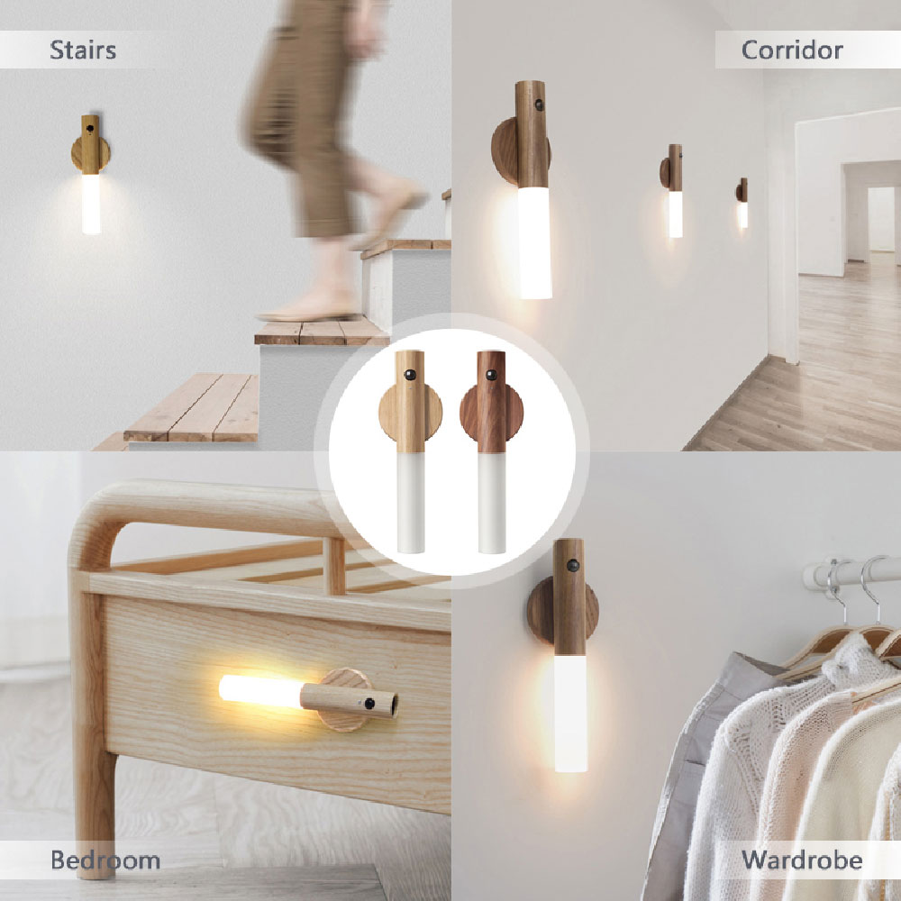 Set of wood magnetic night lights with white cylinders for corridor lighting