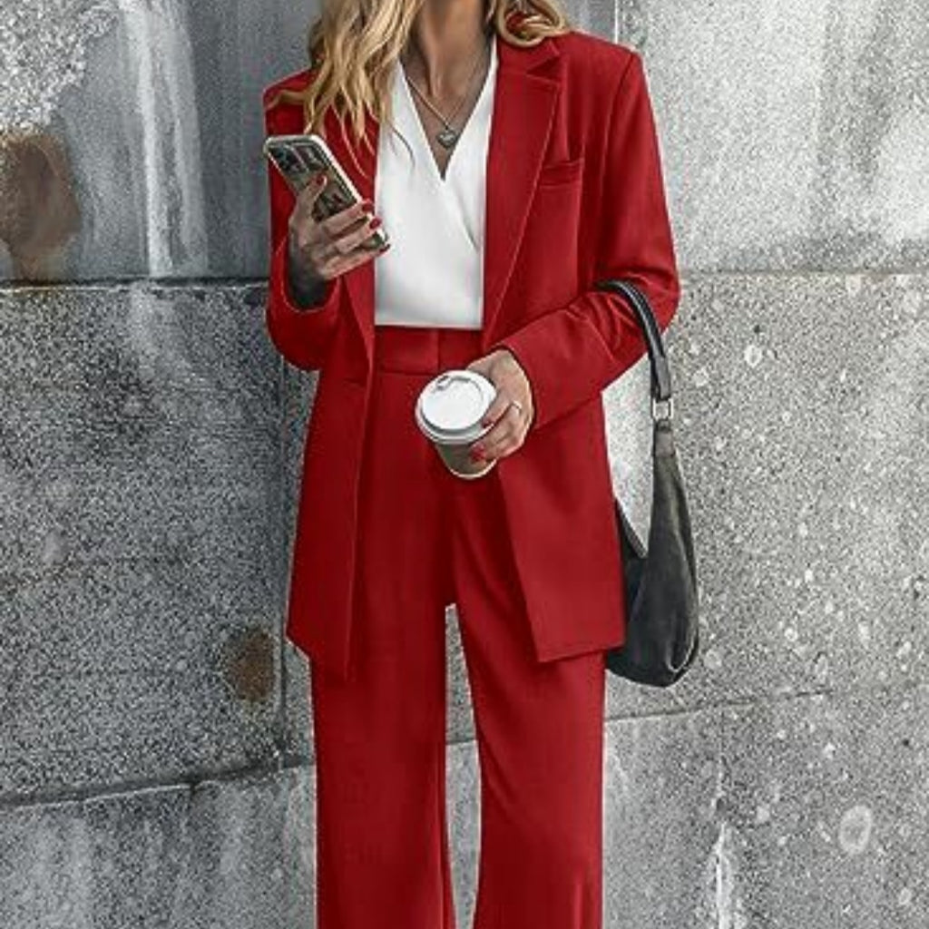 Women’s blazer and wide-leg trousers suit, deep red, long sleeves and flap pockets