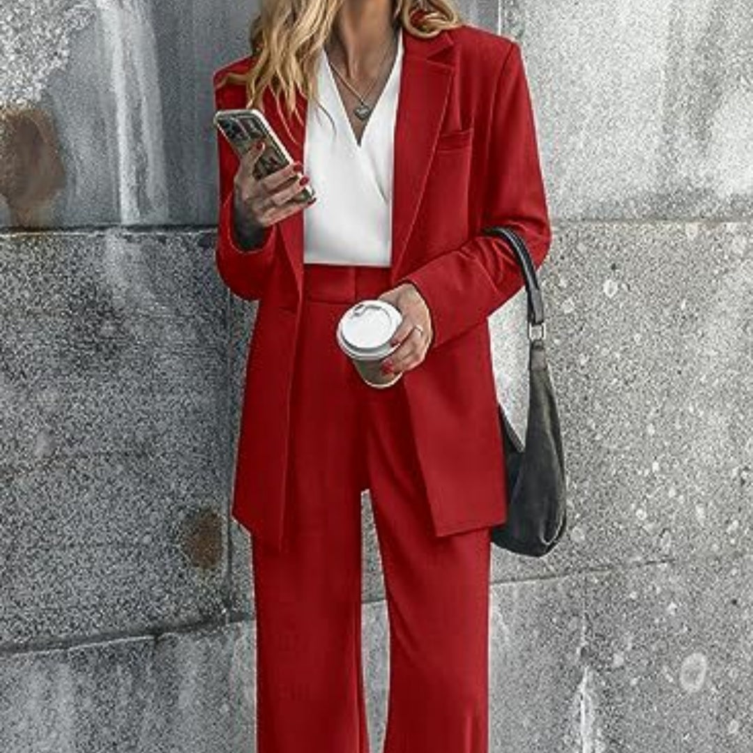 Women’s blazer and wide-leg trousers suit, deep red, long sleeves and flap pockets