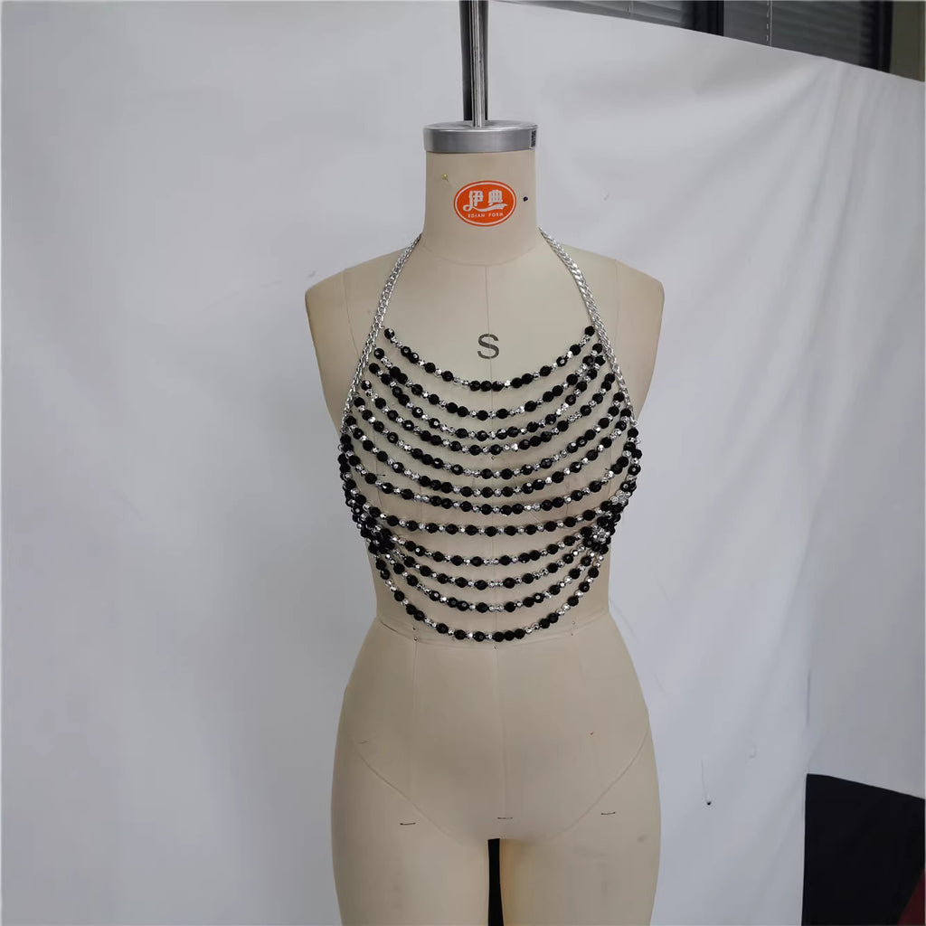 Pearl bra chain halter top on mannequin, black bead rows with silver hardware