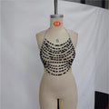 Pearl bra chain halter top on mannequin, black bead rows with silver hardware