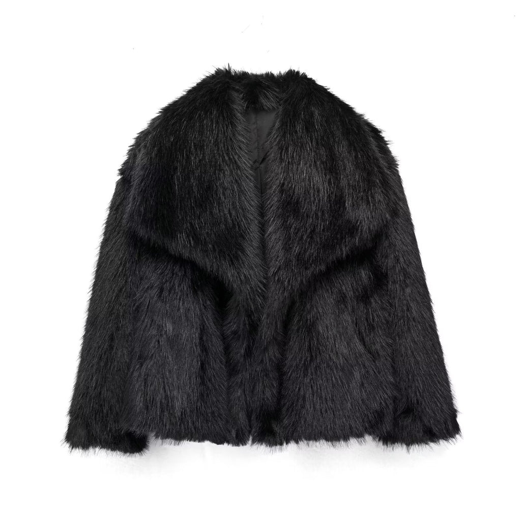 Winter plush faux fur coat, long sleeves, lapel style, black