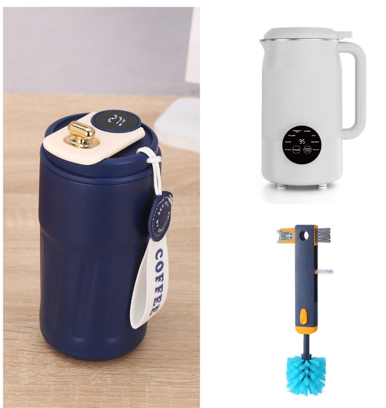 Blue insulated thermal coffee mug bottle with handle and digital temperature display