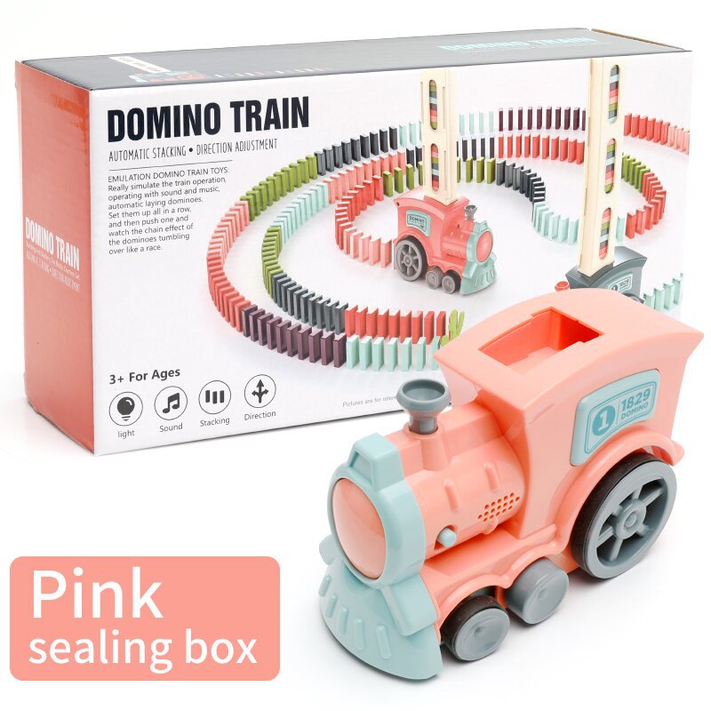 Pink electric domino train toy with automatic track set in box