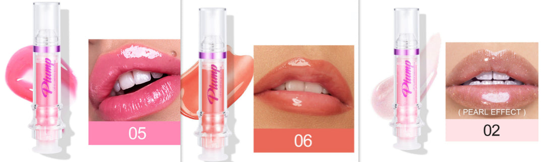 Set of glossy lip color tubes with shades 05, 02, and 06 on lip swatches