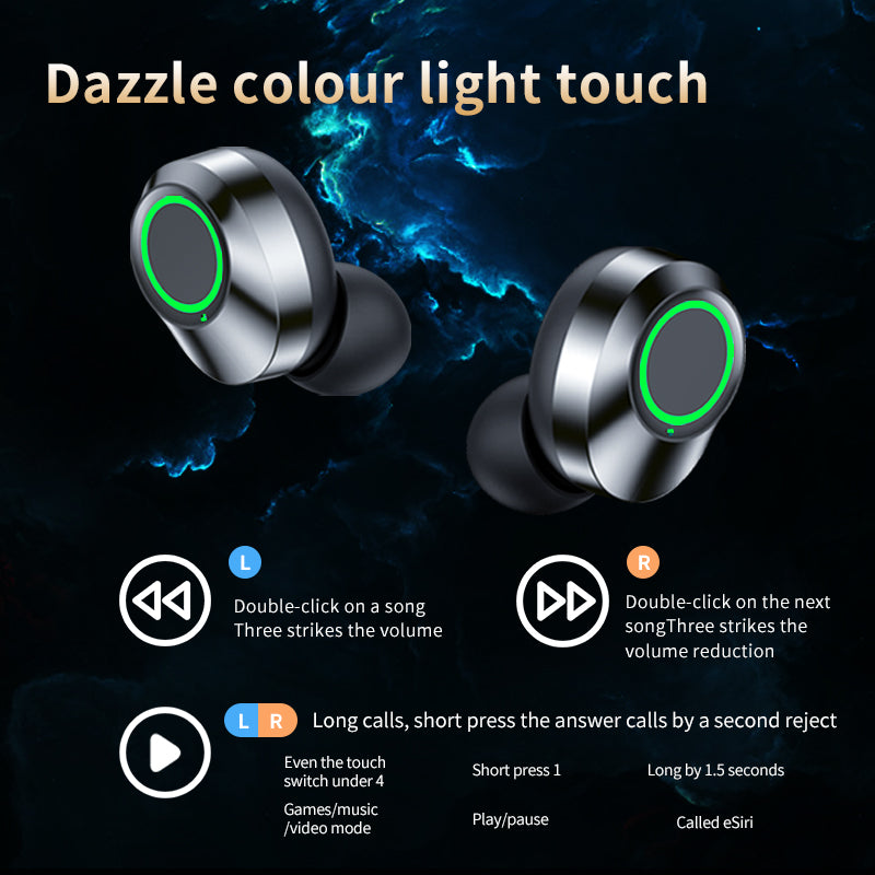 Wireless earbuds with green-lit touch rings and black charging case, side view
