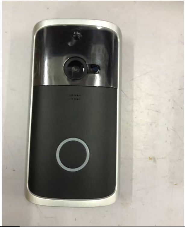Silver WiFi video doorbell camera with front lens and blue status ring