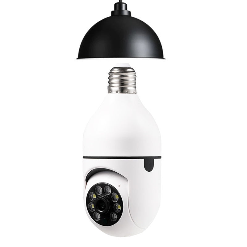 WiFi security camera bulb with silver E27 threads and black top housing