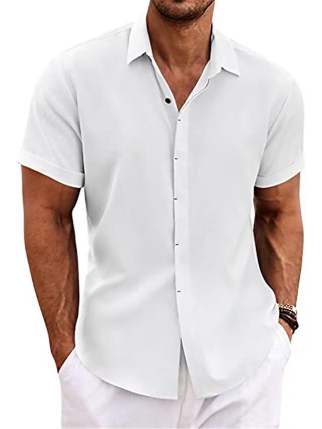 Men's linen short-sleeve shirt in white, button-front with pointed collar