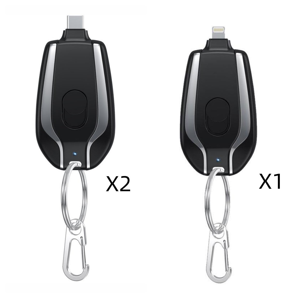 2-pack mini keychain power bank pods with charging ports and metal carabiners, dark black